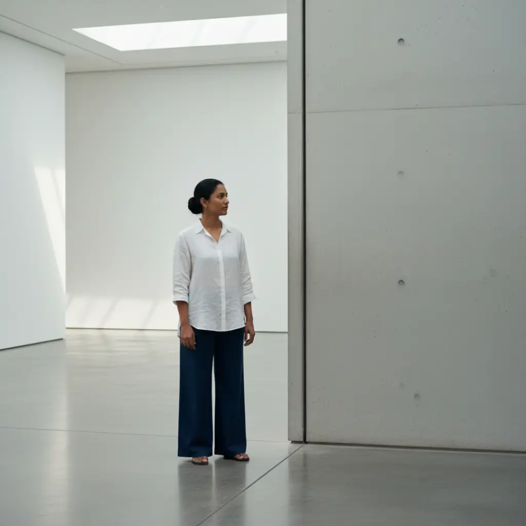 Person standing calmly in a structured space, recognising a clear boundary, representing naming as clarity.