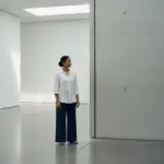 Person standing calmly in a structured space, recognising a clear boundary, representing naming as clarity.