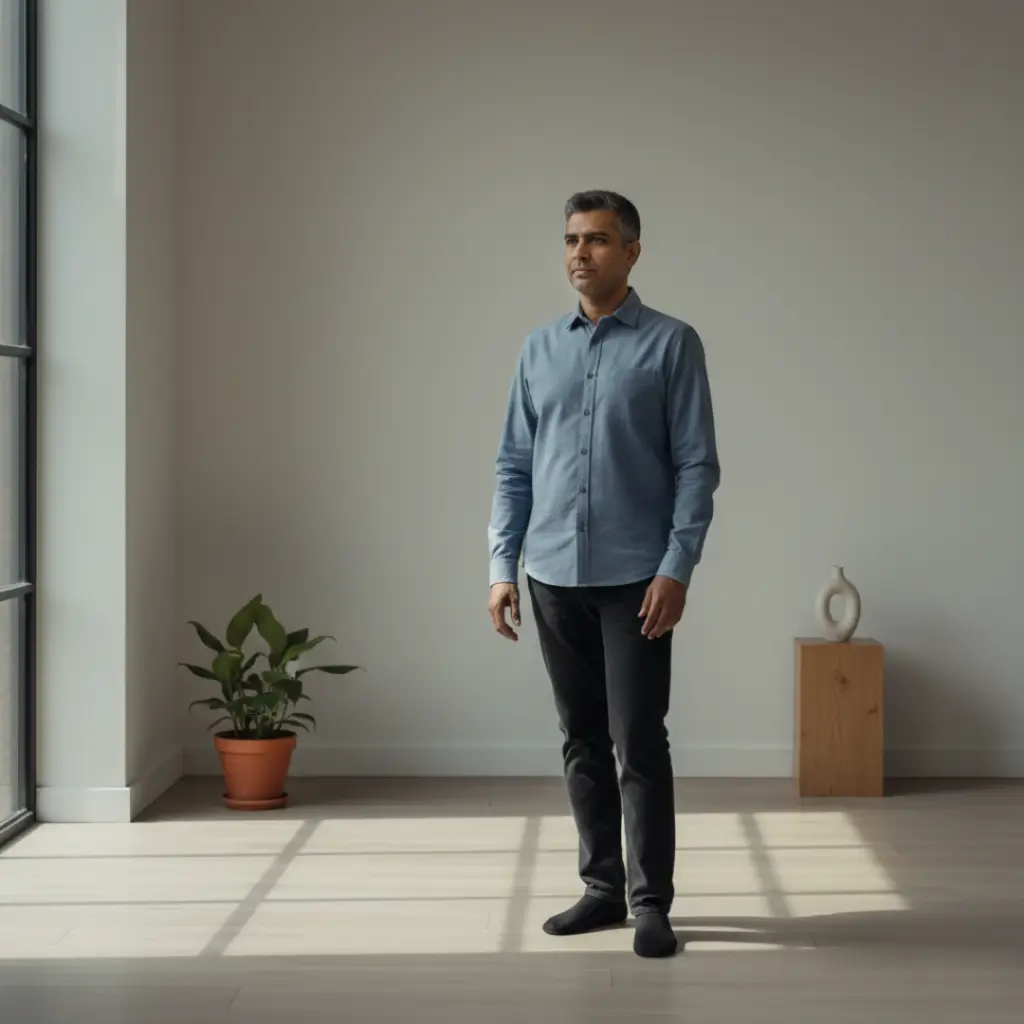 Person standing calmly in a quiet space, grounded and clear, without seeking reassurance or validation.