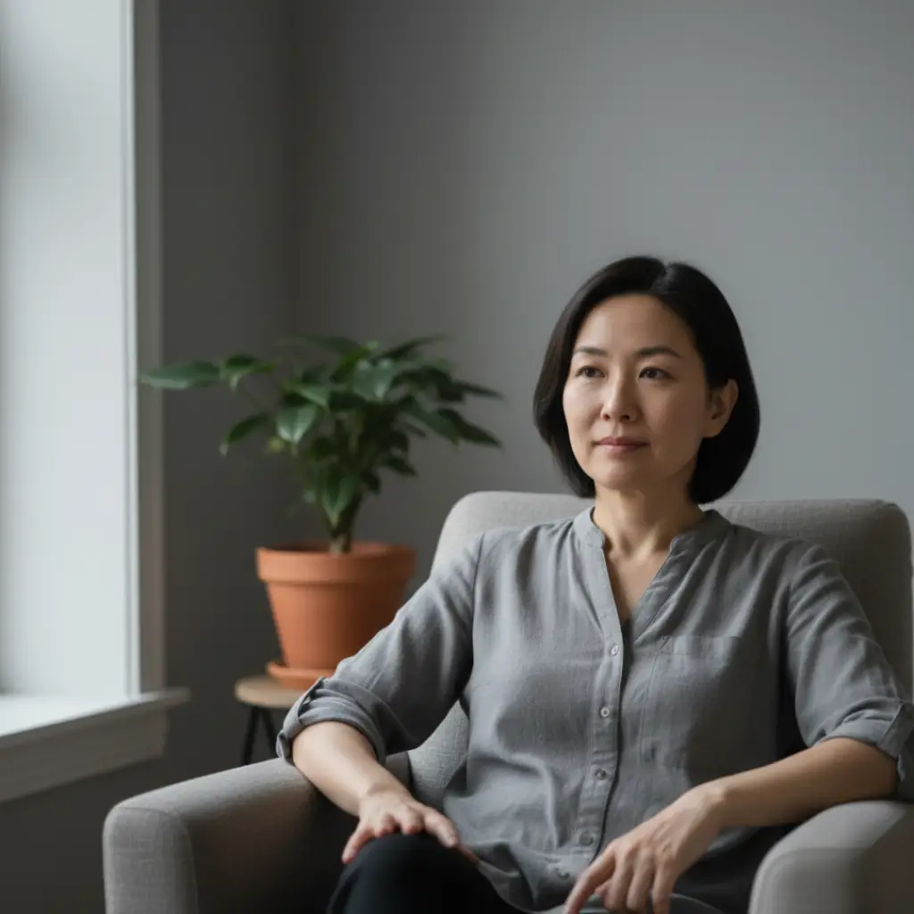 Person sitting calmly in a softly lit room, appearing relieved and grounded after gaining clarity.
