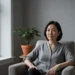 Person sitting calmly in a softly lit room, appearing relieved and grounded after gaining clarity.