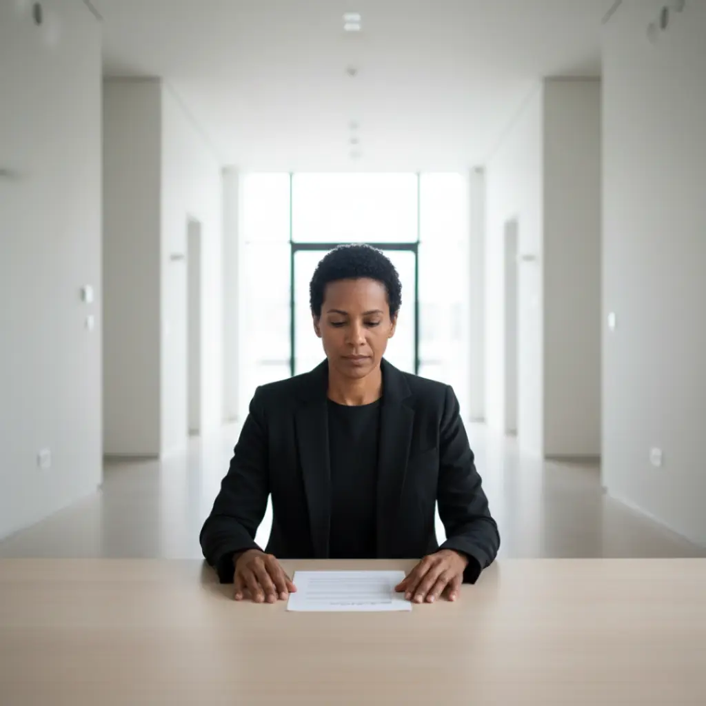 Person seated calmly with a document, grounded and focused, representing clarity without negotiation.