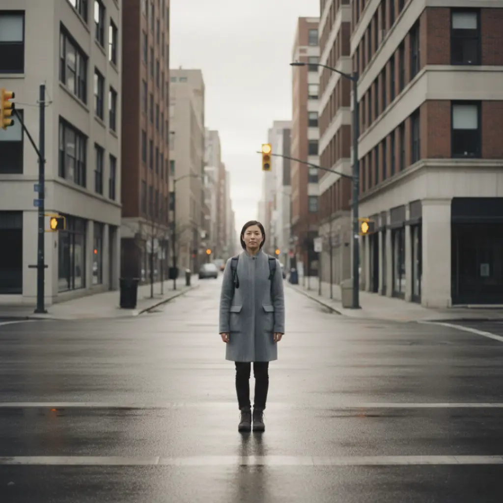 Person standing calmly at an empty crossroads at dawn, representing clarity without comfort or reassurance.