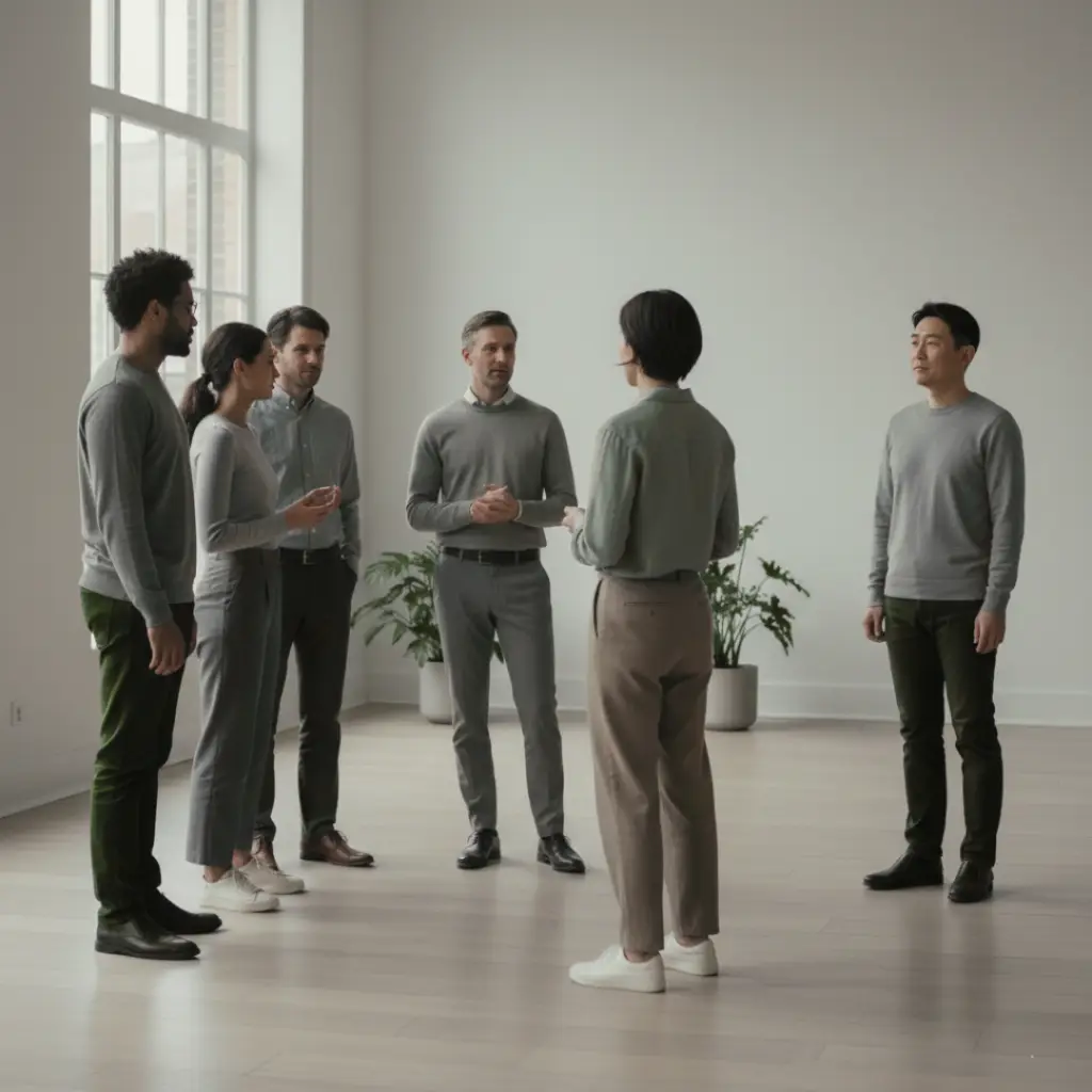 A diverse individual standing calmly apart from a group, conveying self-trust and internal authority without confrontation.