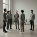 A diverse individual standing calmly apart from a group, conveying self-trust and internal authority without confrontation.