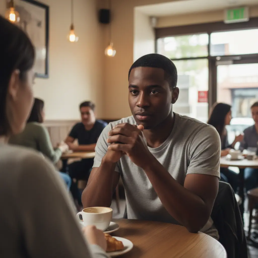 Person sitting politely in conversation while appearing inwardly tense and restrained.