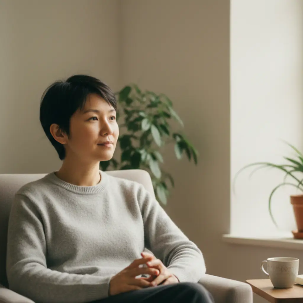 Person seated quietly by a window, pausing in reflection after gaining clarity, without urgency to act or explain.