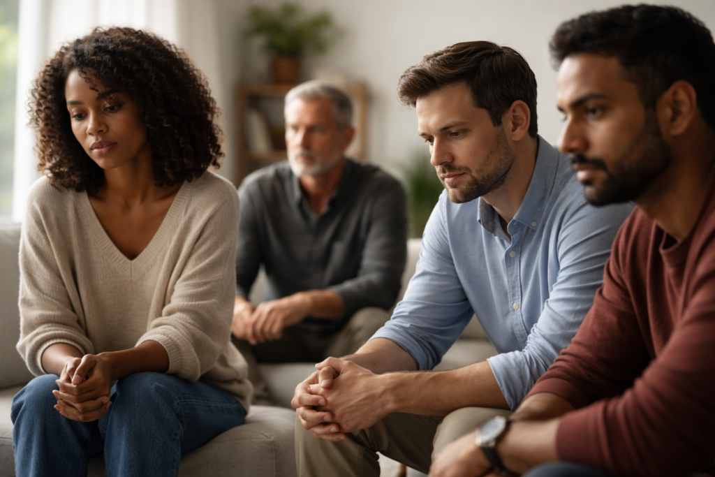 A single adult seated alone near a window, natural light falling across their face. They are not smiling, not distressed. Their expression suggests recognition rather than emotion. No phone. No notebook. No coffee cup. Just stillness.